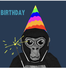 a gorilla wearing a party hat and holding a sparkler says birthday