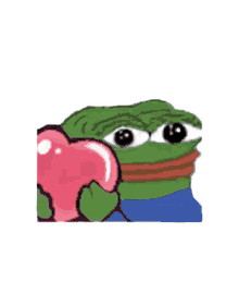 a green frog is holding a pink heart .