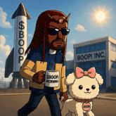 a cartoon of a man holding a cup that says ' $boopi morning '
