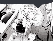 a black and white drawing of a girl sitting in front of a computer with the words mom i want that skirt very well son below her