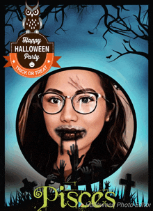 a poster for a happy halloween party with a picture of a girl