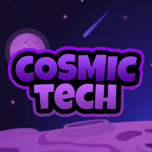 a purple logo for cosmic tech with a purple planet in the background