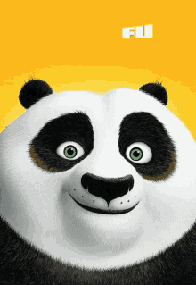 a panda bear with green eyes is smiling on a yellow background with the word fu above it