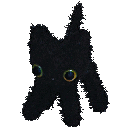 a black stuffed animal with yellow eyes is on a white background