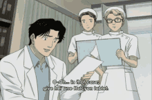 a man in a lab coat is talking to two nurses who are holding clipboards