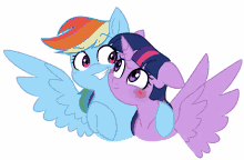 rainbow dash and twilight sparkle are hugging each other on a white background