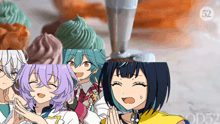 a group of anime characters standing in front of cupcakes with the number 52 on the bottom right