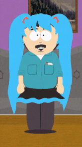 a cartoon character with blue hair and a mustache is wearing a blue shirt