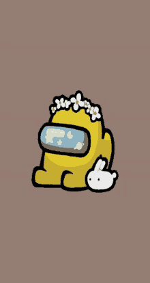 a yellow among us character with flowers on his head and a white rabbit .