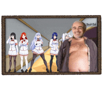 a picture of a man standing next to a group of anime girls with the words adult club below him