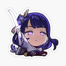 a chibi sticker of a girl holding a sword and a fan .