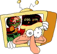a pixel art of a cartoon character holding a television