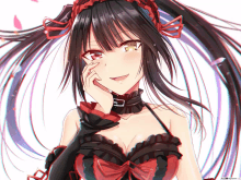 a girl with black hair and red ribbons in her hair is smiling