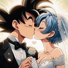 goku and bulma are kissing on their wedding day in a cartoon .