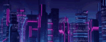 a futuristic city skyline at night with purple and pink neon lights