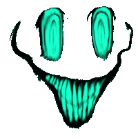 a drawing of a smiley face with teal eyes and a long mouth