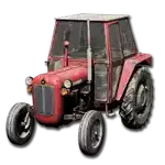 a red tractor on a white background with a shadow