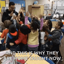 a group of children are raising their hands in the air in a classroom with the words and this is why they are home taught