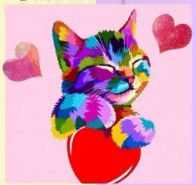 a colorful cat is holding a red heart on a pink background surrounded by hearts .