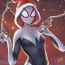 a spider-woman wearing a santa hat and holding a spider web .