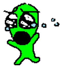 a pixel art drawing of a green alien wearing sunglasses