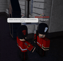 a screenshot of a video game shows two guards standing next to each other and a message asking them to vacate their post