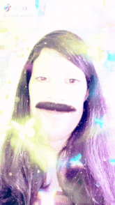 a woman with long hair and a fake mustache has tiktok written on the bottom left