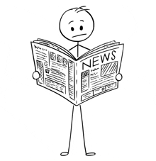 a black and white drawing of a stick figure reading a newspaper .