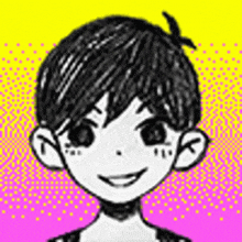 a black and white drawing of a boy with short hair and a smile on a pink and yellow background .