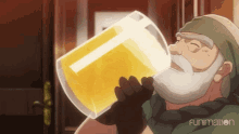 a man with a beard is drinking from a large glass of beer ..