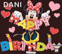 a cartoon of minnie mouse holding a sign that says " happy birthday "