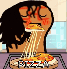a cartoon character is eating a slice of pizza with the word pizza written on the bottom .