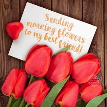 a card that says " sending morning flowers to my best friend " next to red flowers