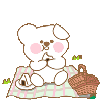 a white teddy bear is sitting on a plaid blanket eating a snack