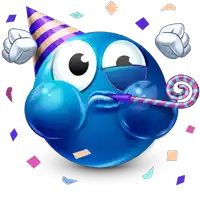 a blue smiley face with a party hat and a party horn