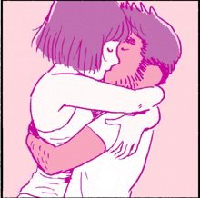 a drawing of a man and woman hugging and kissing on a pink background