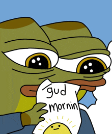 a frog is holding a piece of paper that says gud mornin