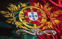 a flag with a coat of arms and the words patria minha amada on it