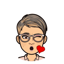 a cartoon woman with short hair and glasses has a red heart in her mouth