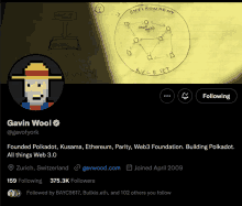 a screenshot of gavin wool 's twitter page with a drawing of a man in a hat