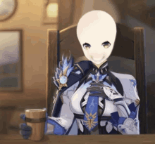 a bald anime character is sitting at a table with a cup in front of her .