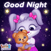 a girl holding a teddy bear with the words good night lucas & friends