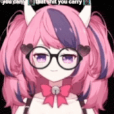 a girl with pink hair and horns is wearing glasses and a pink bow .