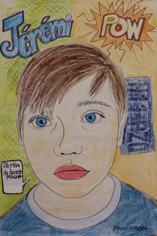 a drawing of a boy with the name jeremi on the top