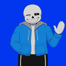 a drawing of a skeleton wearing a blue jacket waving his hand