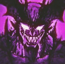 a purple and black drawing of a demon with glowing eyes and teeth