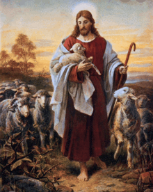 a painting of jesus holding a lamb and a cane with a herd of sheep behind him