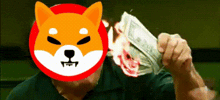 a man with a shiba inu dog on his face is holding a bunch of money .
