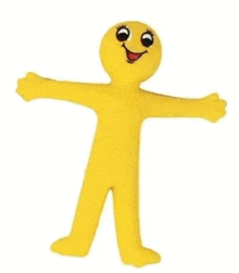 a yellow rubber man with a smiley face and arms outstretched is standing on a white background .