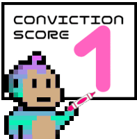 a pixel art of a monkey pointing at a sign that says " conviction score 1 "